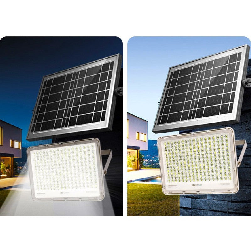 Proiector LED cu Panou Solar Vivimall, Senzor de lumina Waterproof, 100W, 23x18 cm, suport U inclus, panou afisaj nivel baterie, telecomanda, 220V, Design Modern, Alb - vivimall.ro