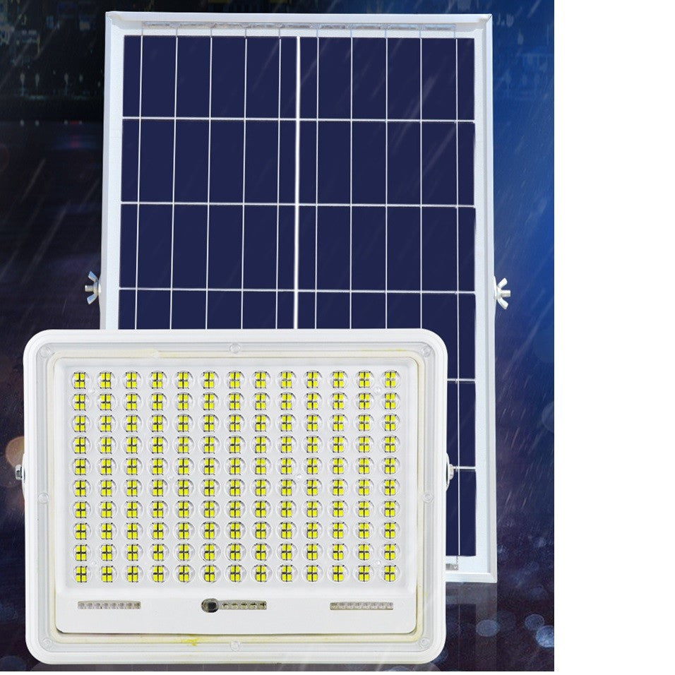 Proiector LED cu Panou Solar Vivimall, Senzor de lumina Waterproof, 200W, 29x23 cm, suport U inclus, panou afisaj nivel baterie, telecomand, 220V, Design Modern, Alb - vivimall.ro