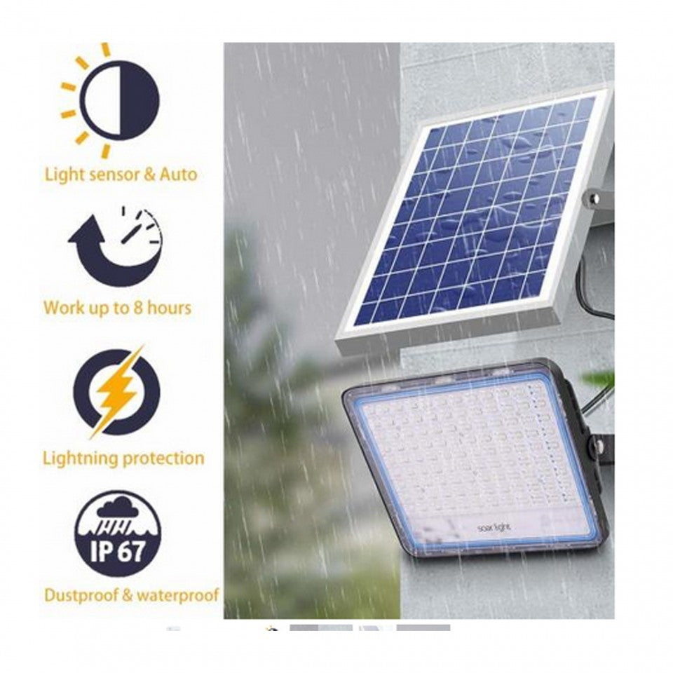 Proiector LED cu Panou Solar Vivimall, Senzor de lumina, Waterproof, 140 LED-uri incorporate, 65W, 19.5x17 cm, 3000 mAh, IP67, Design Modern, Negru - vivimall.ro