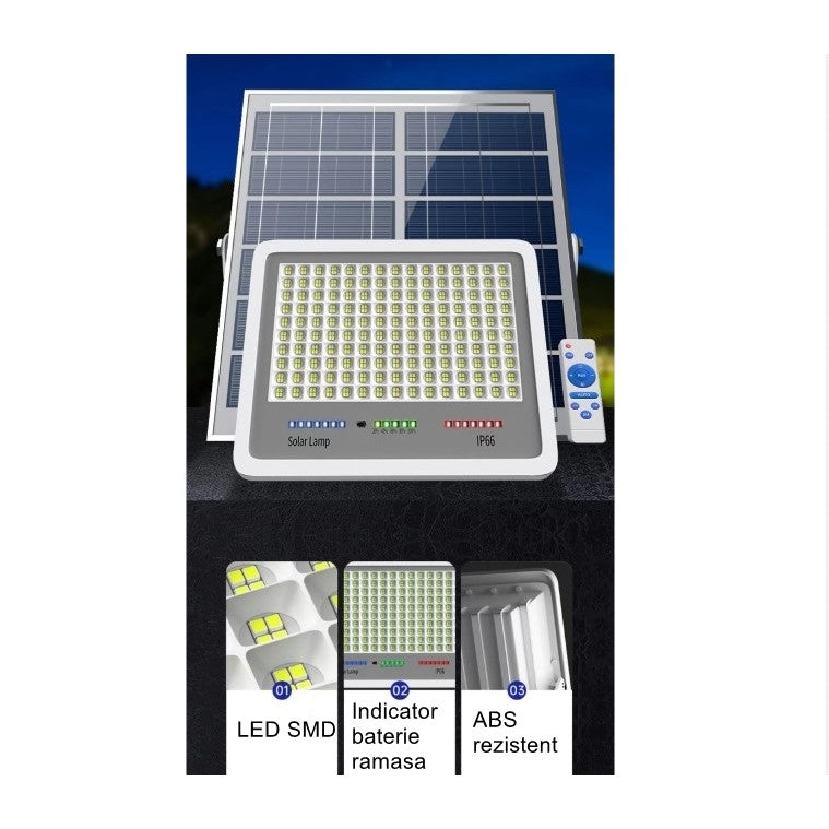 Proiector LED cu Panou Solar Vivimall, Senzor lumina, Waterproof, 600 LED-uri incorporate, 300W, 37x26.5 cm, IP67, Design Modern, Negru - vivimall.ro