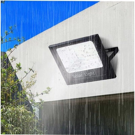 Proiector LED/Lampa solara de exterior Vivimall, 15 cm x 12 cm, Rezistent la Apa IP67, cu Panou Solar, 100 LED SMD, 30W, Senzor de lumina, Timer, cu Telecomanda, 2 moduri de iluminat, kit montaj inclus, Lumina Rece - vivimall.ro