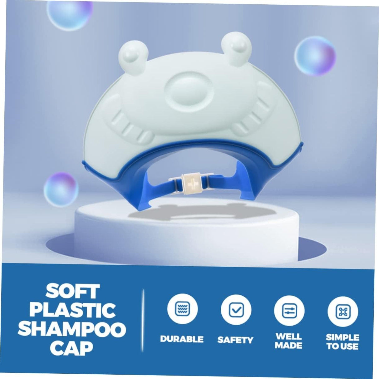 Viziera de Protectie Baie Pentru Copii, Fippy, Model Broasca, Dimensiune ajustabila, Durabil, Usor de curatat, Impotriva Samponului, pentru Ochi si Urechi, TPE+PP, 24x23 cm, Albastru - vivimall.ro