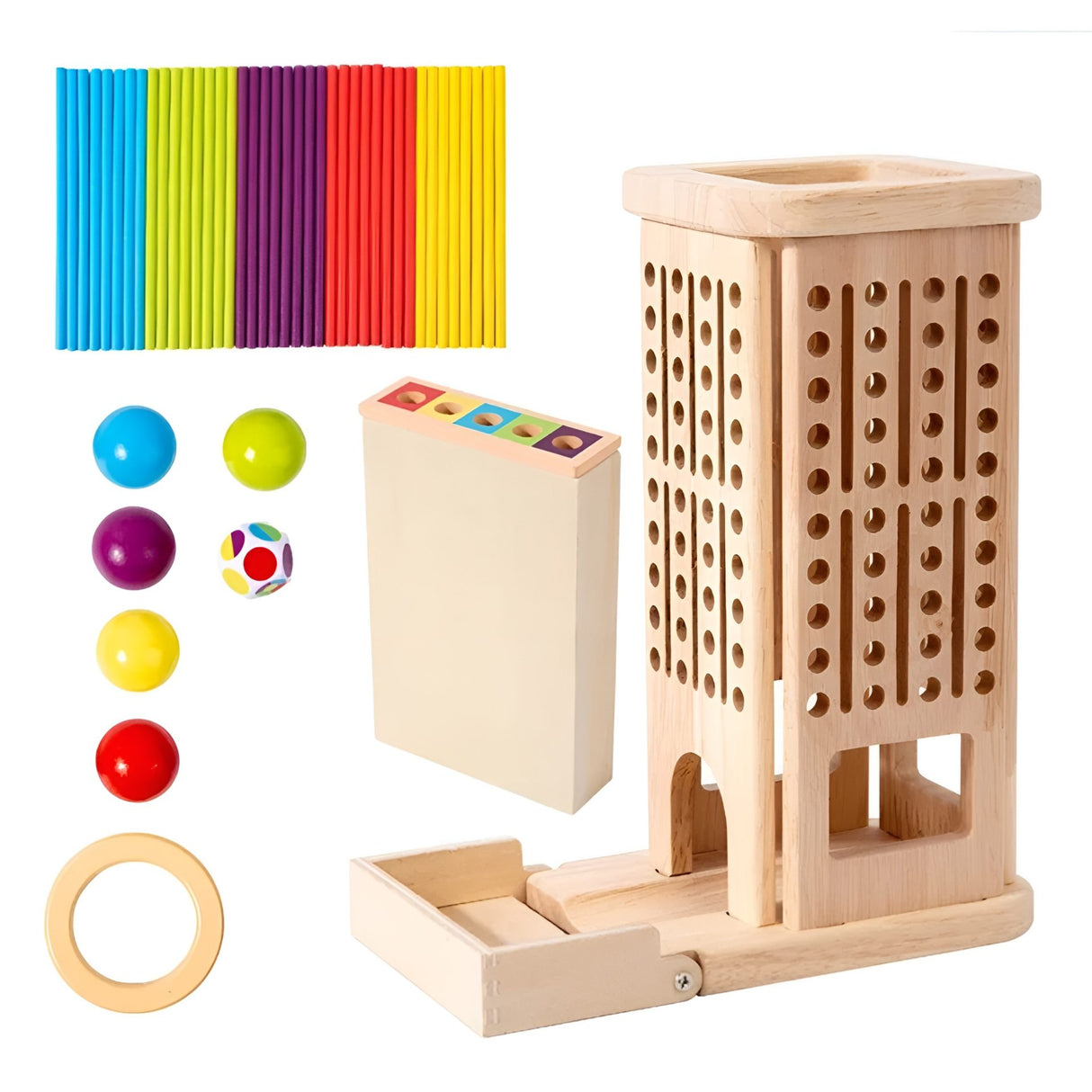 Jucarie Interactiva Montessori, Flippy, 3 in 1 din Lemn, Joc Educativ pentru Copii, Turnul cu Betisoare si Bile, Dezvolta Motricitatea Fina si Logica, 3 ani+, Multicolor - vivimall.ro