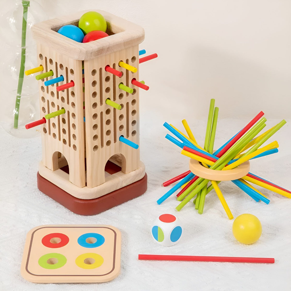 Jucarie Interactiva Montessori, Flippy, 3 in 1 din Lemn, Joc Educativ pentru Copii, Turnul cu Betisoare si Bile, Dezvolta Motricitatea Fina si Logica, 3 ani+, Multicolor - vivimall.ro