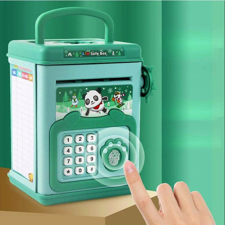 Pusculita pentru Copii, Vivimall, pusculita pentru economii SMART BOX cu efecte sonore, Tip ATM, cu Parola cu Amprenta, din plastic, 20 x 13.5 x 11.5 cm Verde - vivimall.ro