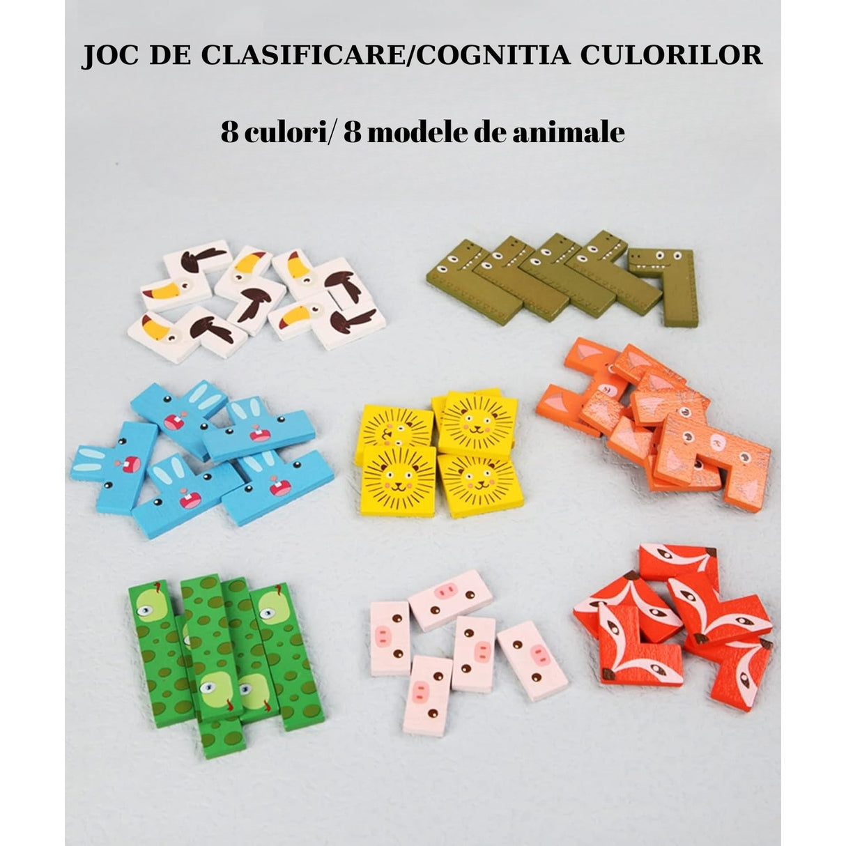 Toate cele 40 de piese puzzle din lemn cu animale colorate tip Tetris, dispuse pe suprafață plană, vedere de sus