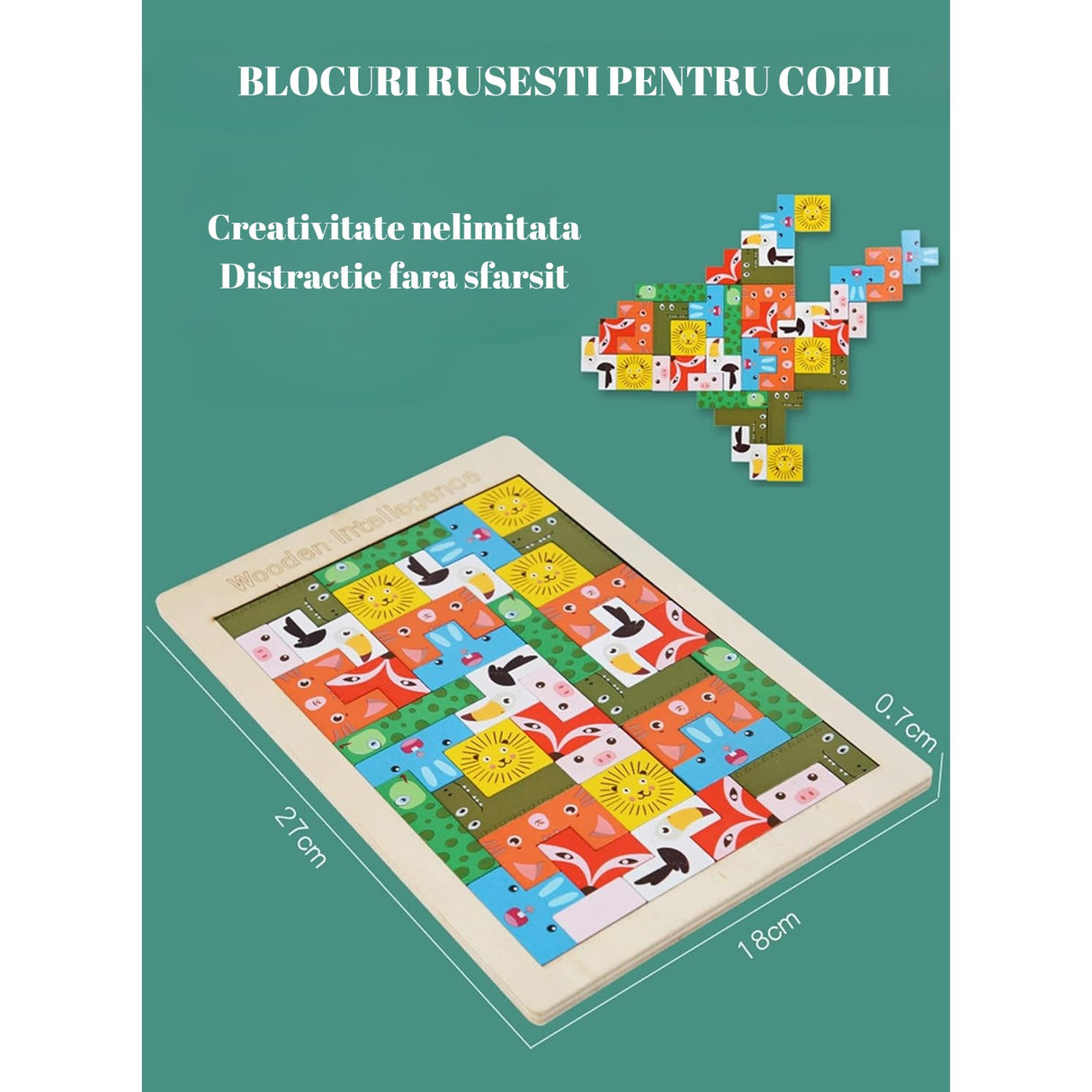 Puzzle lemn animale 3D tip Tetris, detaliu forme geometrice multicolor îmbinate, unghi lateral apropiat