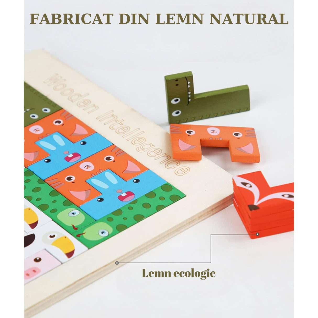 Set complet puzzle educativ din lemn tip Tetris Vivimall, 40 piese animale, ambalaj și prezentare produs
