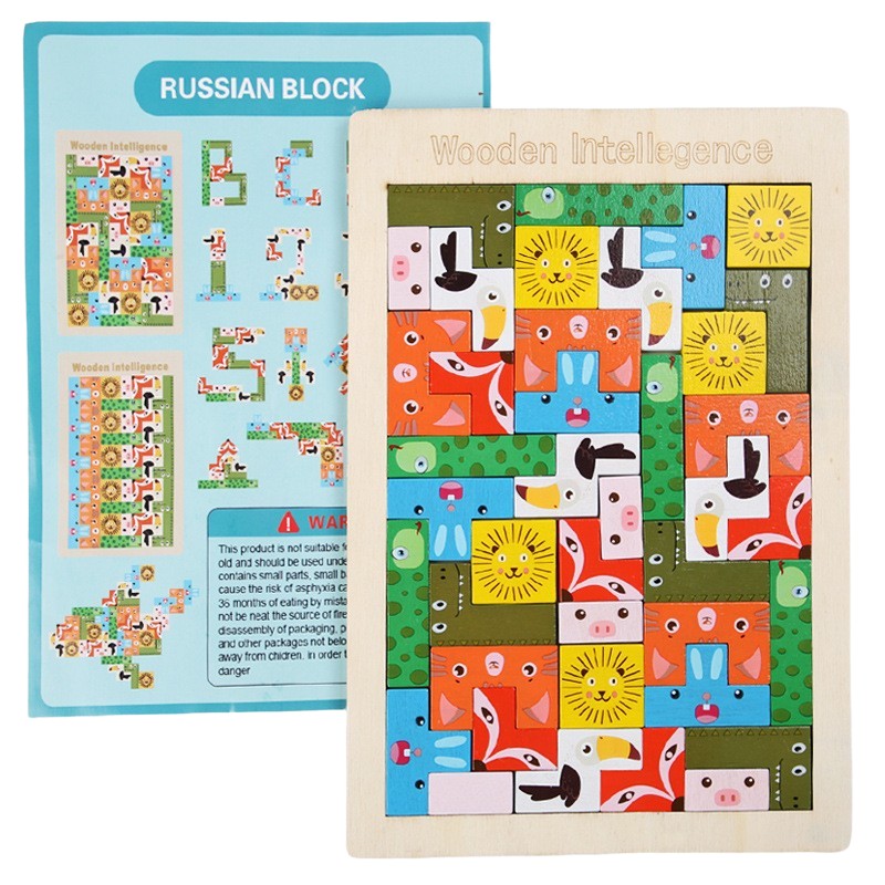 Puzzle din lemn tip Tetris cu animale 3D colorate, 40 piese, recomandat copiilor de peste 4 ani, vedere frontală