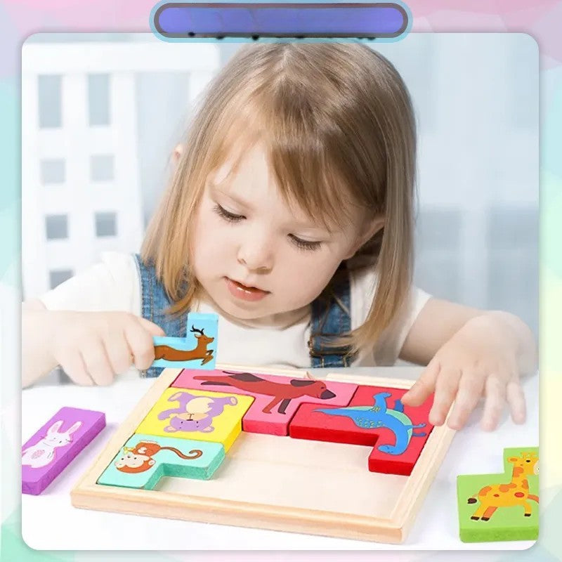 Puzzle din Lemn Vivimall, Tip Tetris, +4 Ani, cu Animale Colorate 3D, 7 Piese, Multicolor - vivimall.ro