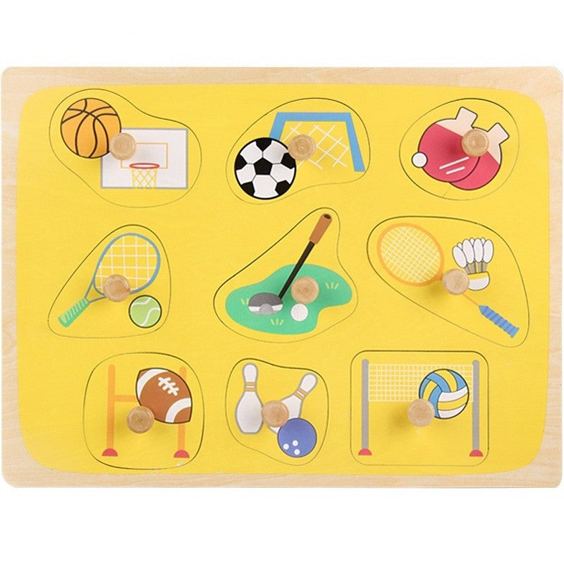 Puzzle din lemn Montessori 3D model Sporturi, 9 piese multicolor, pentru copii 0-3 ani, vedere frontală