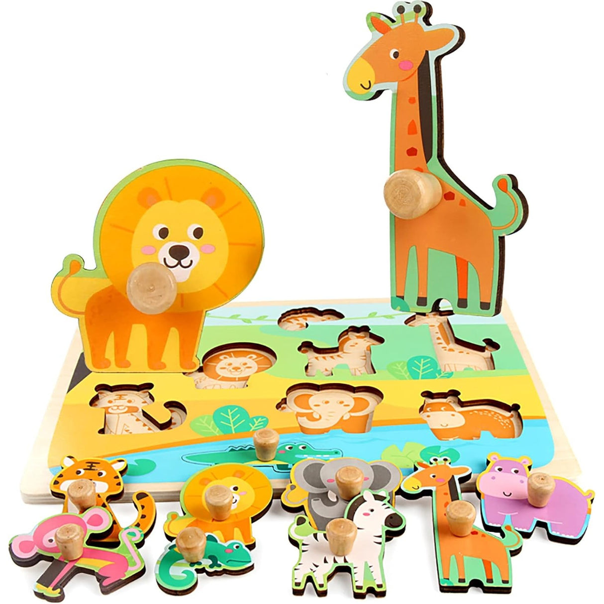 Puzzle Montessori din Lemn pentru Copii, Vivimall, 0-3 Ani, Model Animale din Jungla, Educativ, Intuitiv, Creativ, 9 Piese, 30x22.5x0.8 cm, Multicolor - vivimall.ro