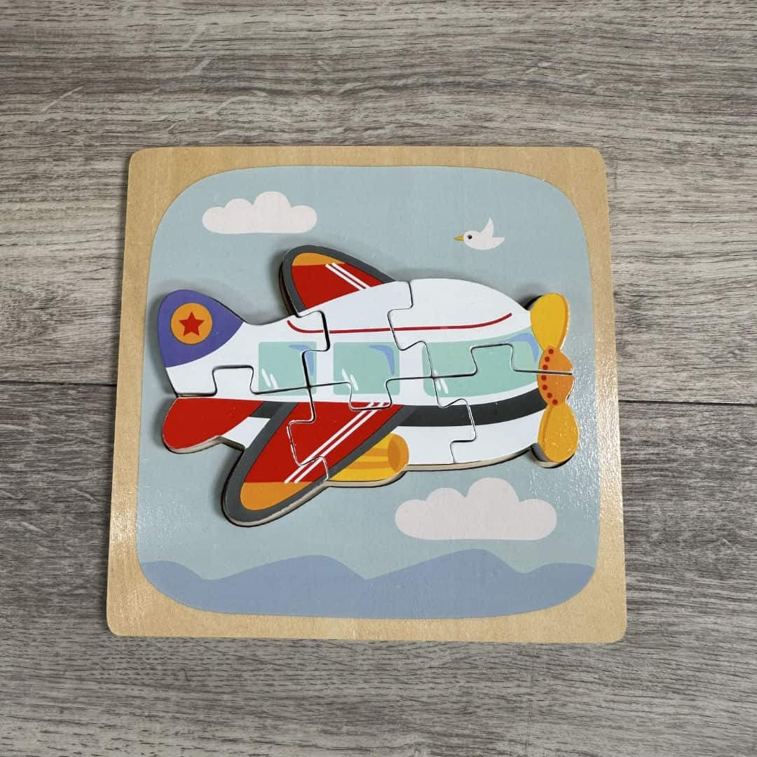 Puzzle Montessori din Lemn pentru Copii, Vivimall, 3D, 0-3 Ani, Model Avion, Educativ, Intuitiv, Creativ, 6 Piese, 15x15x0.5 cm, Multicolor - vivimall.ro