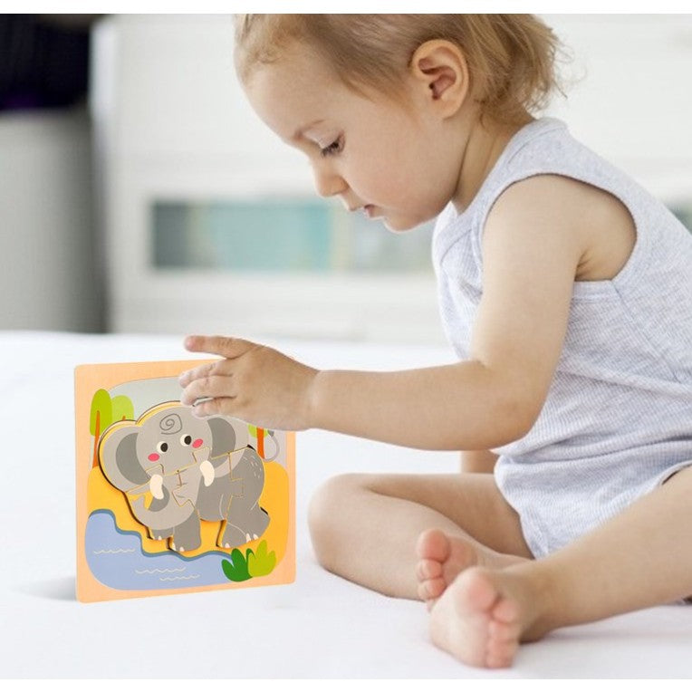Puzzle Montessori din Lemn pentru Copii, Vivimall, 3D, 0-3 Ani, Model Elefant, Educativ, Intuitiv, Creativ, 4 Piese, 15x15x0.5 cm, Multicolor - vivimall.ro