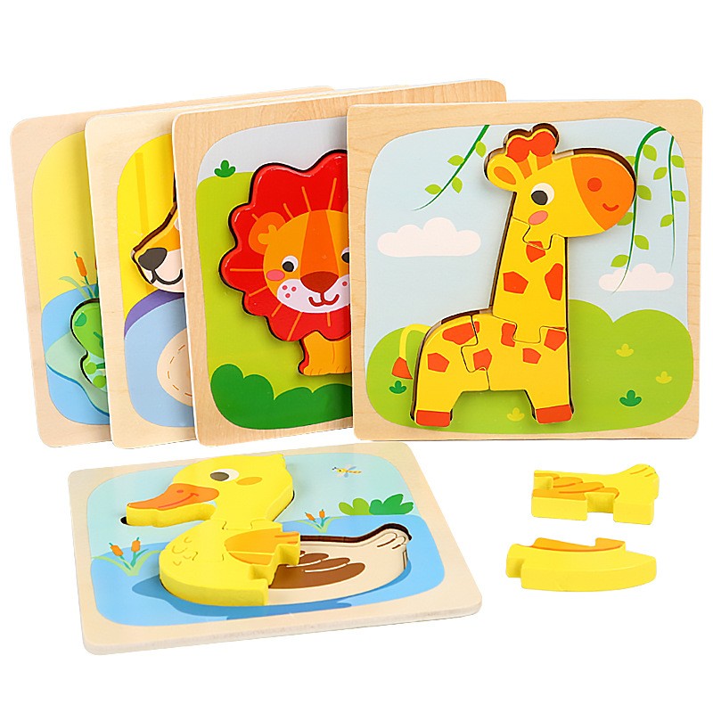 Puzzle Montessori din Lemn pentru Copii, Vivimall, 3D, 0-3 Ani, Model Girafa, Educativ, Intuitiv, Creativ, 4 Piese, 15x15x0.5 cm, Multicolor - vivimall.ro