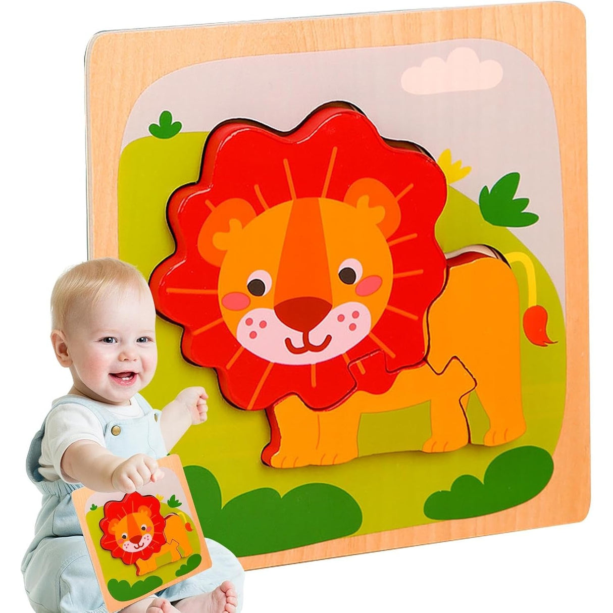 Puzzle Montessori din Lemn pentru Copii, Vivimall, 3D, 0-3 Ani, Model Leu, Educativ, Intuitiv, Creativ, 3 Piese, 15x15x0.5 cm, Multicolor - vivimall.ro