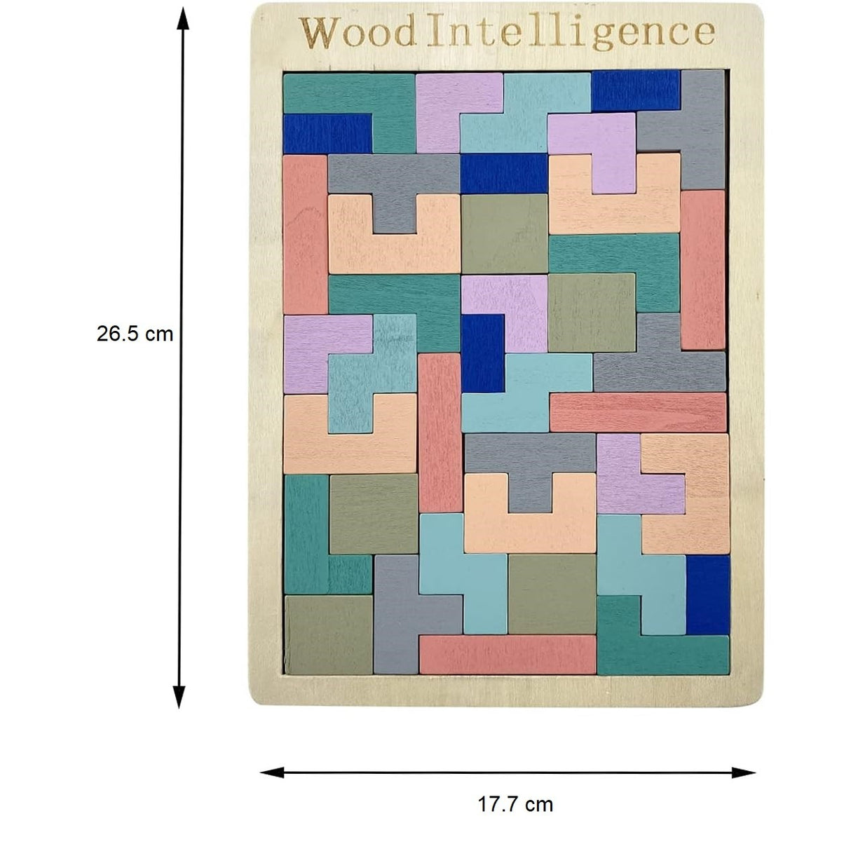 Puzzle Montessori Tetris din lemn natural, 26.5x17.7 cm, piese așezate parțial pe tablă de joc