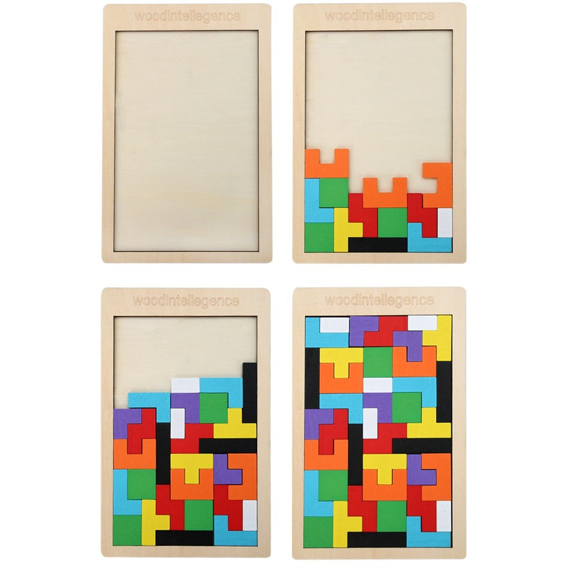 Copil care manipulează piesele puzzle lemn Tetris, dezvoltare abilități motorii fine și coordonare mână-ochi