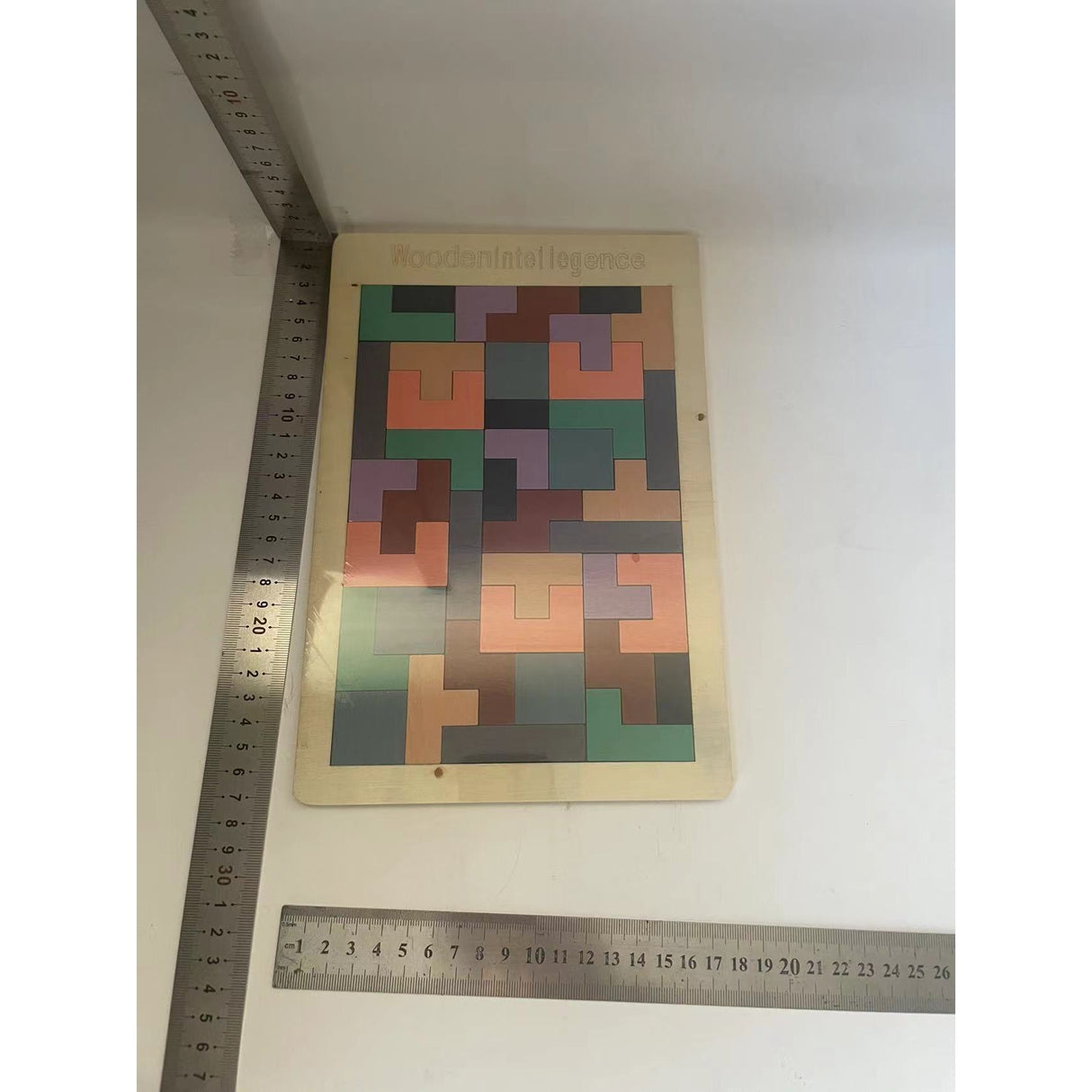 Puzzle lemn Tetris Montessori 40 piese multicolor pastelat, vedere laterală cu margini rotunjite