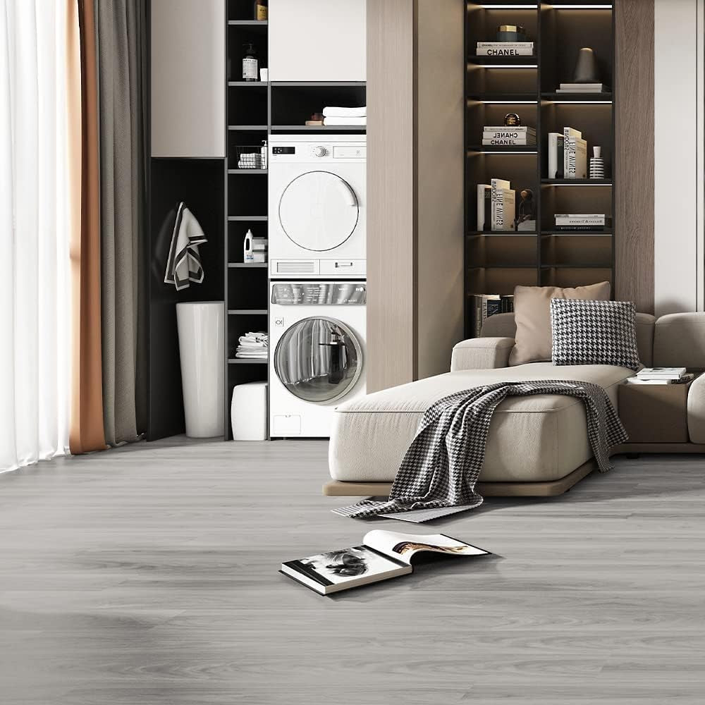 Set 36 Placi Autoadezive pentru Pardoseala, Flippy, din PVC, Impermeabil, Ignifug, Usor de Curatat, Dimensiune Placa 91.44 x 15.24 cm, Grosime 1.5 mm, Acoperire 5 m2, Model 1, Gri - vivimall.ro