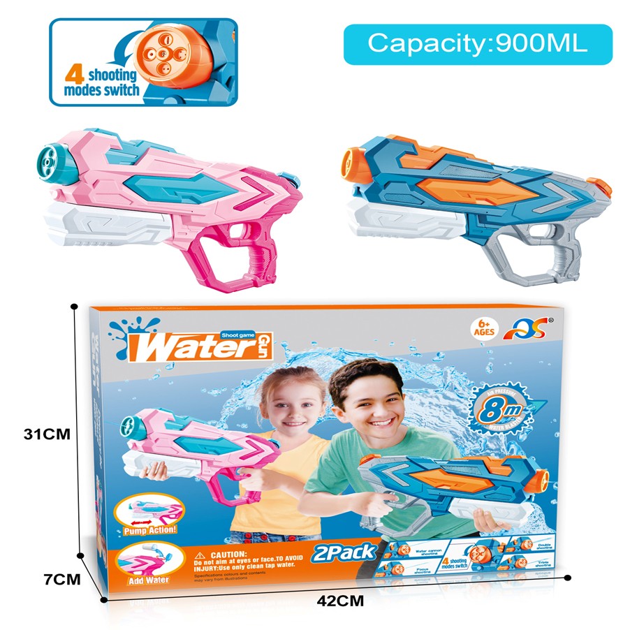 Set 2x Pistol cu Apa pentru Copii, Rezervor, Pentru Piscina/Plaja, Vivimall, 6ani+, Roz + Albastru, 4 duze, 900 ML - vivimall.ro