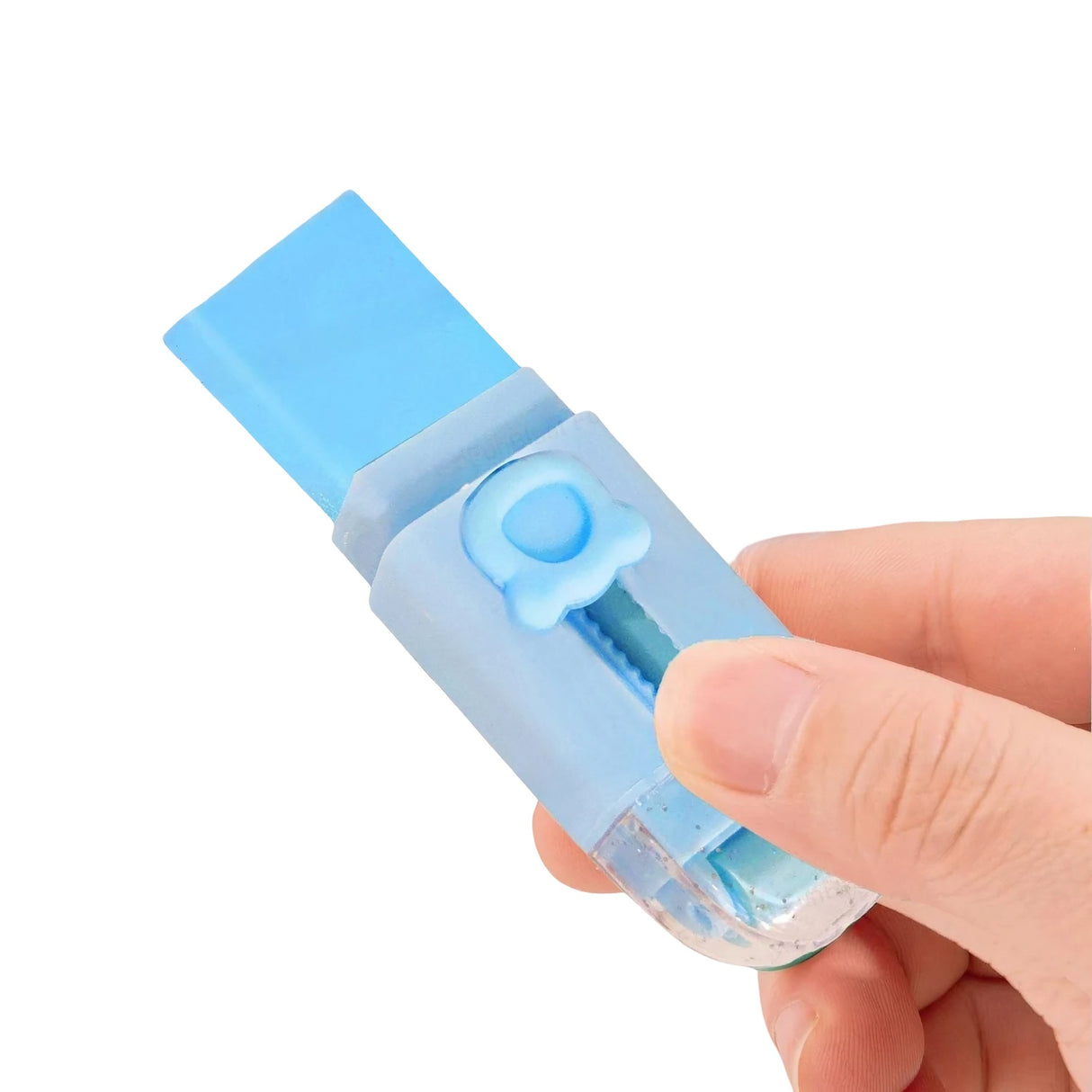 Radiera Retractabila, Flippy, Model Ursulet, Reglare Push-Pull, Radiera de tip Push, Doua Radiere de Rezerva in set din Cauciuc, Albastru deschis - vivimall.ro