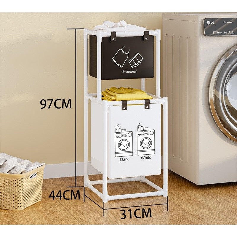 Cos de Rufe, Vivimall, cu 2 Etaje, 2 Cosuri, Cadru de Otel Inoxidabil, 97x44x31 cm, Alb - vivimall.ro