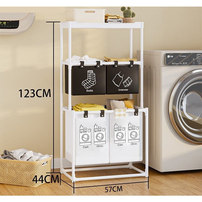 Cos de Rufe, Vivimall, 3 Rafturi, 4 Cosuri, Cadru de Otel Inoxidabil, 123x28x57 cm, 123x44x57 cm, Alb - vivimall.ro