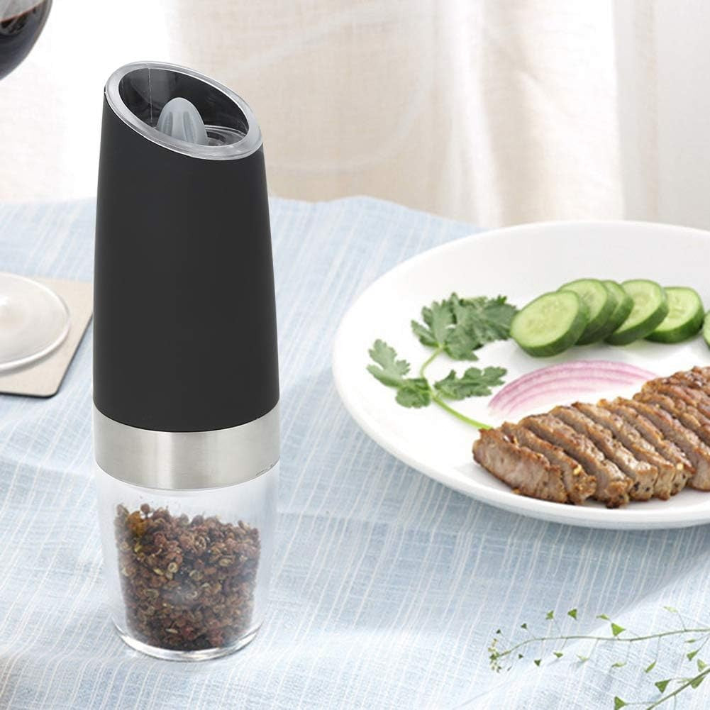 Rasnita Electrica Sare si Piper, Vivimall, cu Camera Depozitare Transparenta, Macinare, Functionare pe Baterii, cu Lumina, ABS, 20x6.5 cm, Negru/Transparent - vivimall.ro