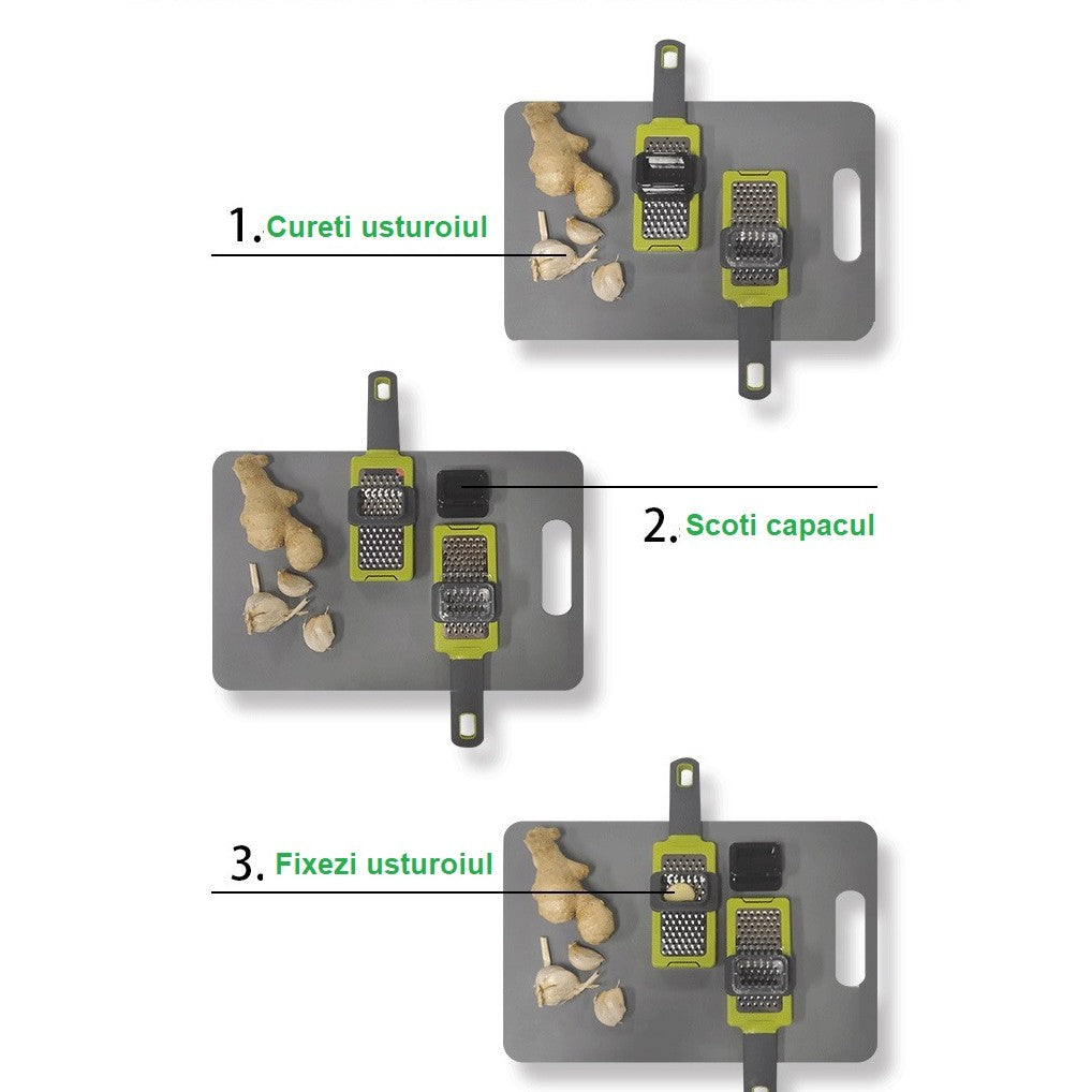 Răzătoare multifuncțională verde/gri, mâner ergonomic și design compact, vedere spate