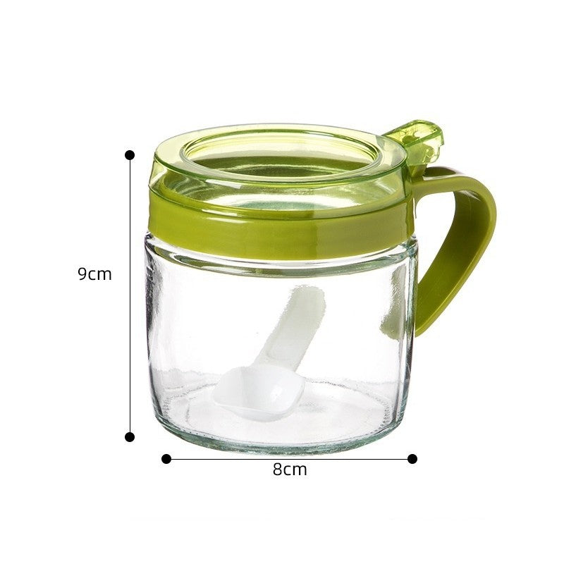 Recipient Condimente, Vivimall, din Stilca, 180 ml, cu Maner si Lingurita, 8 x 9 cm, Capac Transparent, Verde - vivimall.ro
