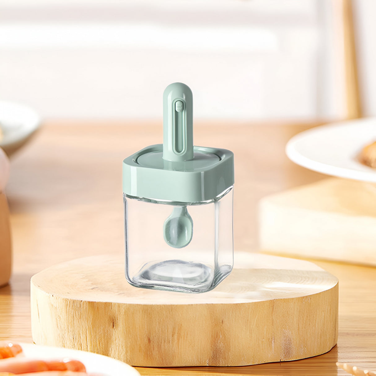 Recipient pentru Depozitarea Condimentelor, Vivimall, Borcan din Sticla, Capac si Lingura Incorporate, Uz Casnic, 300 ml, 7.1x7.1x14.8 cm, Verde - vivimall.ro