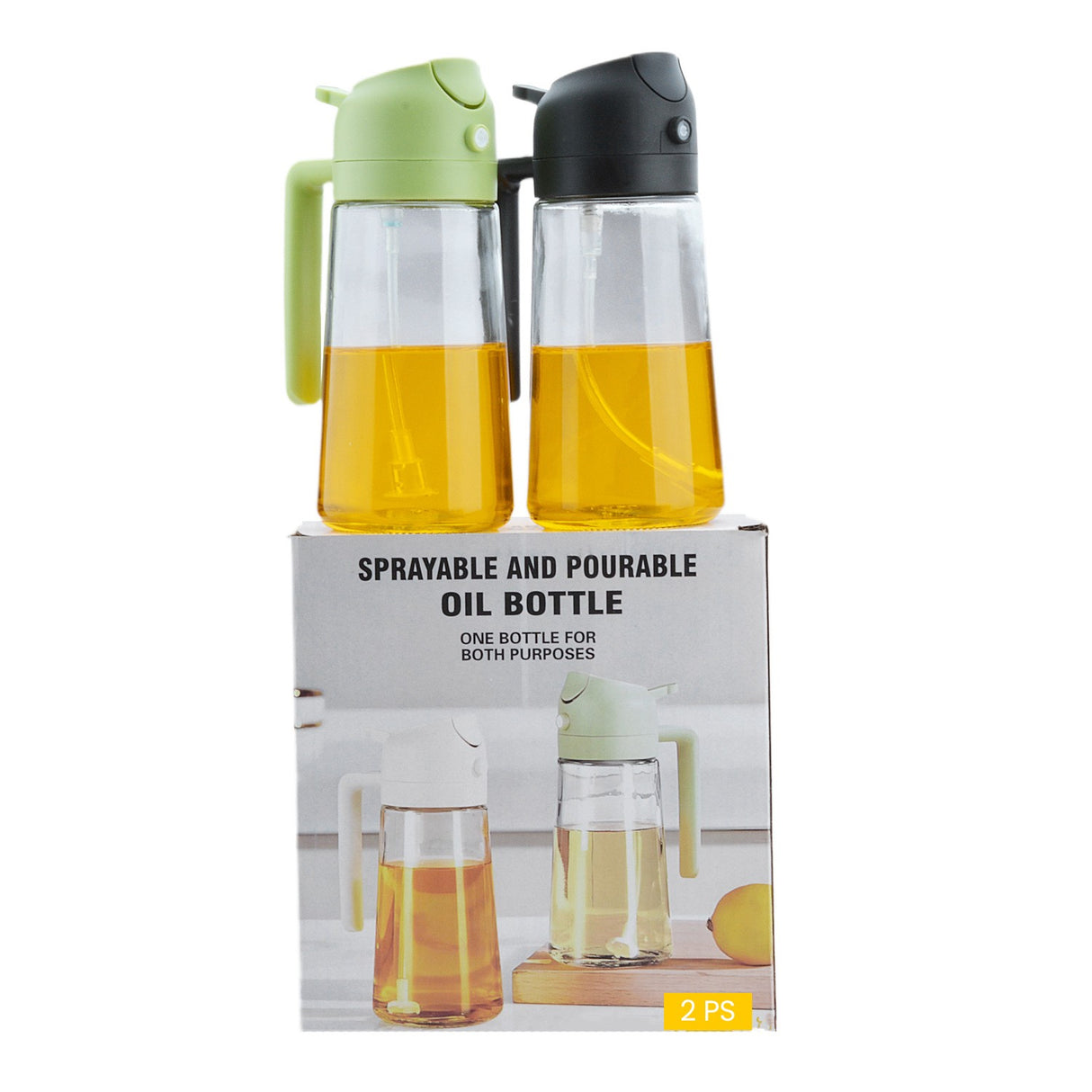 Recipient pentru Ulei 2 in 1, Vivimall, Set 2 Bucati, Functie Spray & Turnare, din Sticla, Fara Scurgere, 18.5 x 8 x 8 cm, 470 ml/buc, Sticla Teansparenta, Verde/Negru - vivimall.ro