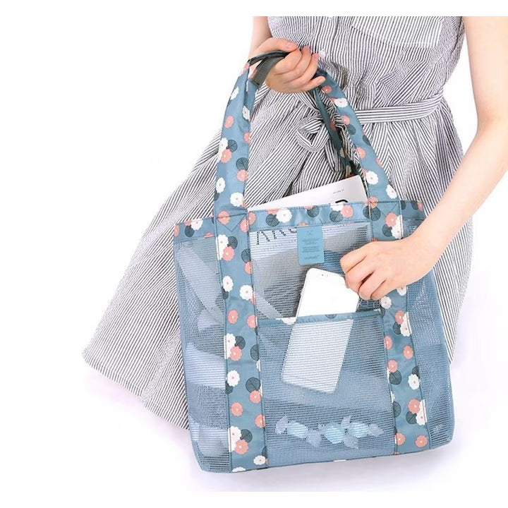 Geanta De Plaja Albastru Imprimeu Floral | BeachVibe 2 - vivimall.ro