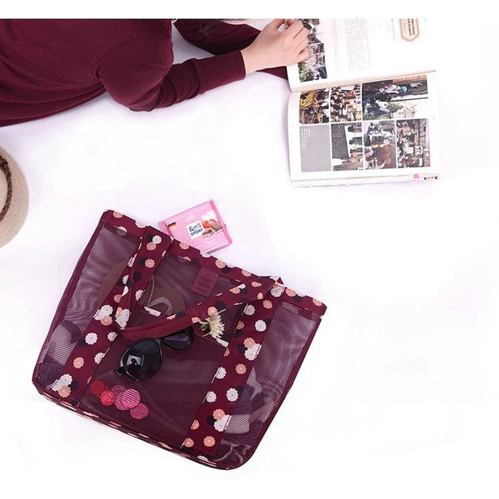 Geanta De Plaja Burgundy Imprimeu Floral | BeachVibe 3 - vivimall.ro