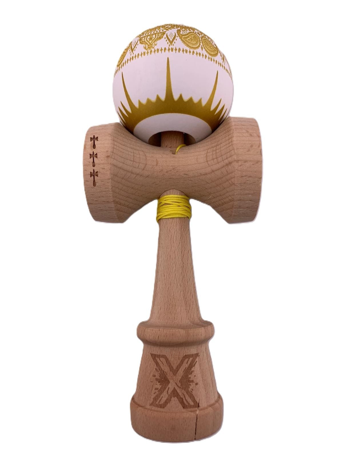 RESIGILAT - Kendama X Originala, Profesionala, Flippy, Legendary IMPERIAL, Super Sticky, Cupe Mari KING SIZE V3, Gaura in Baza, Rulment Metalic, din lemn 18 cm, Ata 62/65 cm, Alb/Auriu - vivimall.ro