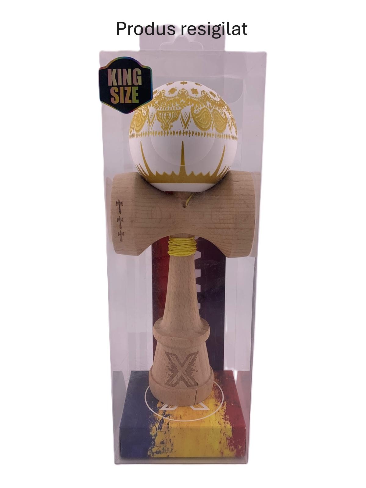 RESIGILAT - Kendama X Originala, Profesionala, Flippy, Legendary IMPERIAL, Super Sticky, Cupe Mari KING SIZE V3, Gaura in Baza, Rulment Metalic, din lemn 18 cm, Ata 62/65 cm, Alb/Auriu - vivimall.ro