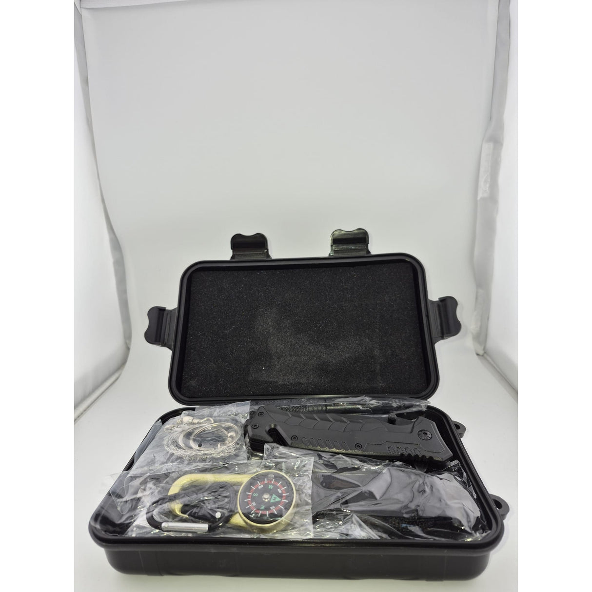 Resigilat: Kit supravietuire 19 in 1 Flippy, Cutit/Busola/Lanterna/Fluier/Chingi/Paracord, pentru Caping, Drumetii, Aventuri, Insturmente profesionale, Negru - vivimall.ro