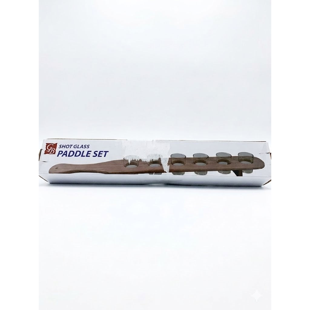RESIGILAT - Set 6 Pahare Shot din Sticla Flippy, cu Suport din Lemn, Design Rustic, 49.5 x 7 x 6.5 cm, Maro - vivimall.ro