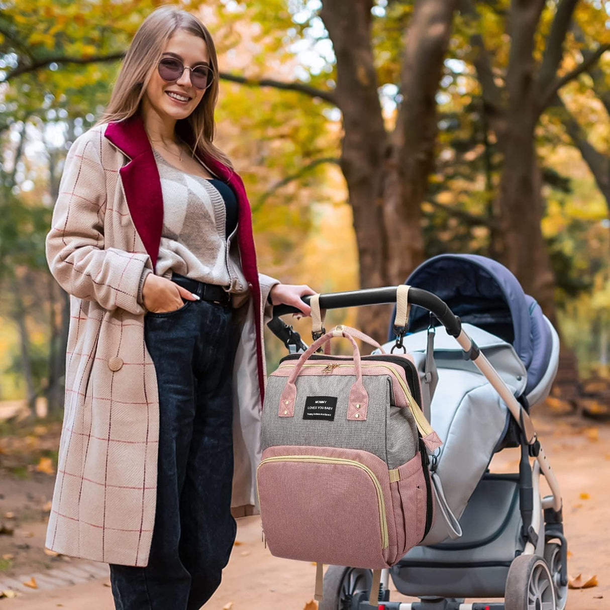 Rucsac Multifunctional pentru Mamici, Vivimall, din Panza Oxford, Compartimentare Multipla, Impermeabil, 43 x 18 x 26 cm, Roz/Gri - vivimall.ro