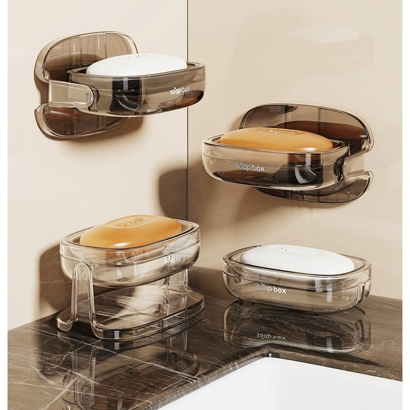 Savoniera cu Suport 2 in 1, Vivimall, Pentru Perete sau Blat, PET, Scurgere Optima, GriTransparent - vivimall.ro