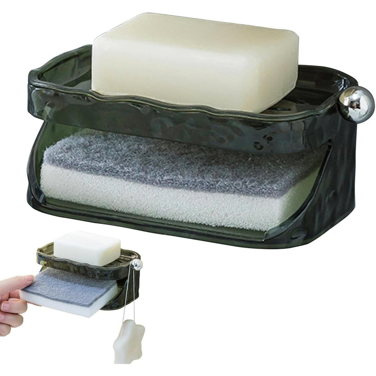 Savoniera Dubla, Flippy, 2 Straturi, Instalare fara Perforare, Agatatoare Burete, 13.5 x 8.5 x 6 cm, Verde Inchis