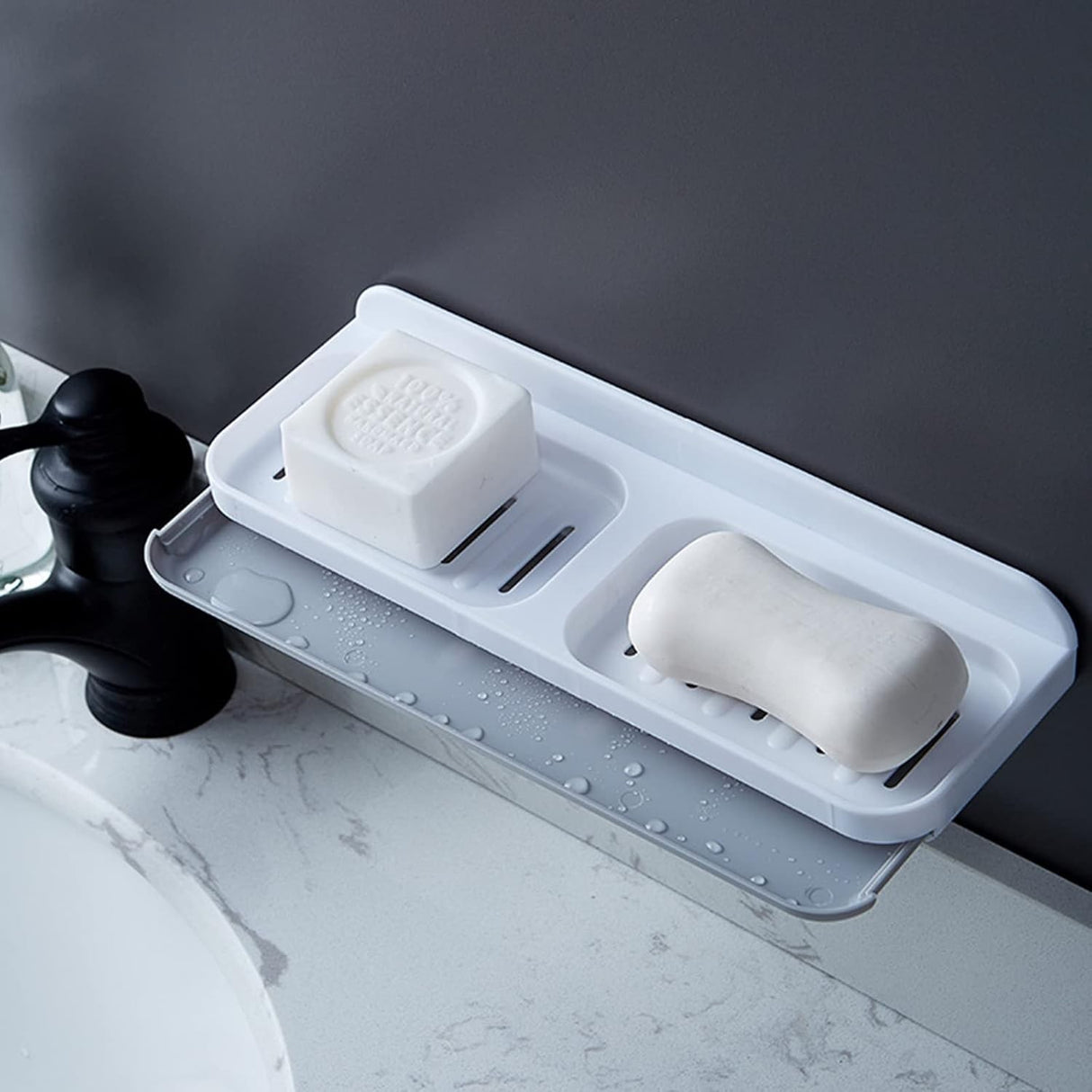 Savoniera Dubla, Flippy, de Perete, cu Compartiment de Scurgere, Montare prin Lipire, 26 x 8 x 4 cm, Alb/Gri