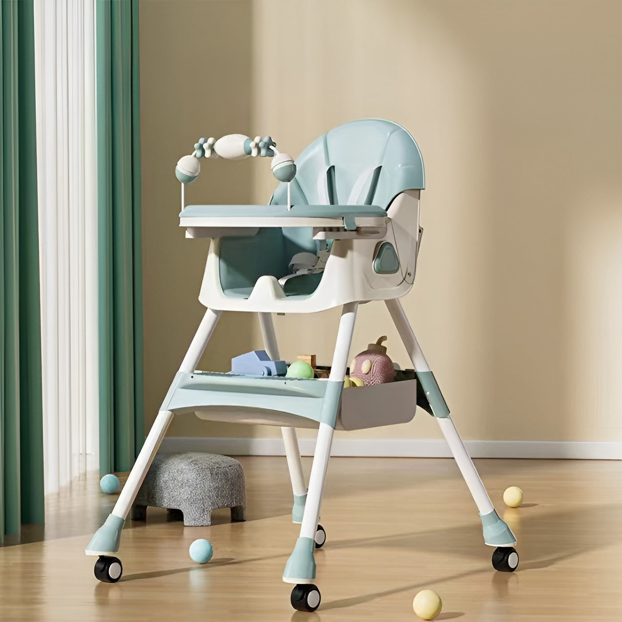 Scaun de Masa pe Roti pentru Copii, Vivimall, 2 Tavite si Husa Detasabile, Multifuncțional, Stabil, Centura de Siguranta, Spatar Reglabil Moale, Balansoar, Cos de Depozitare, de la 6 Luni, Verde - vivimall.ro