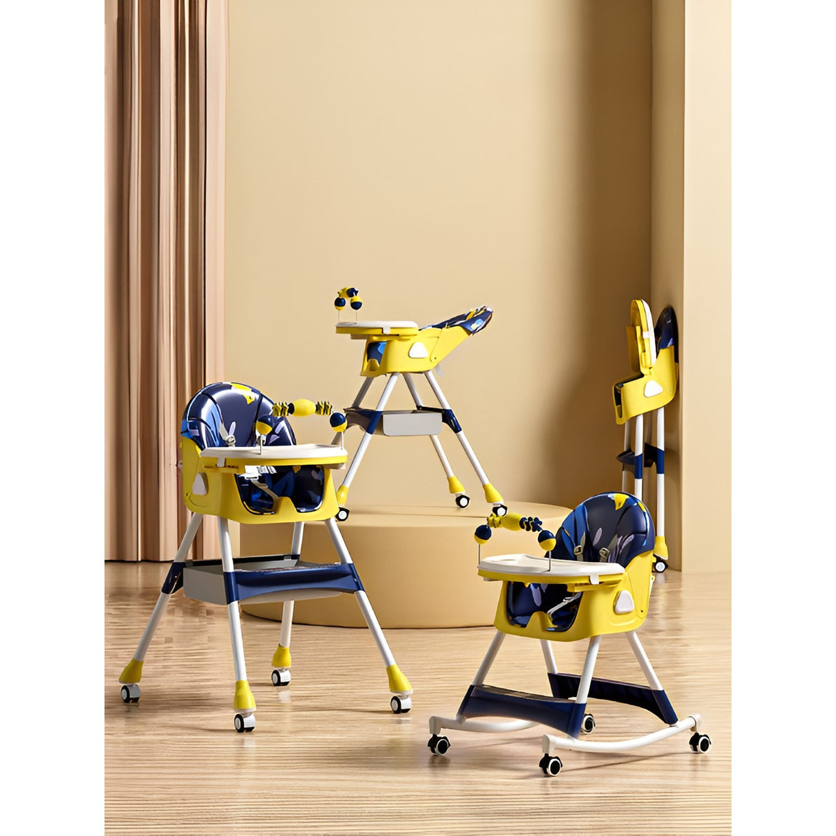 Scaun de Masa pentru Bebelusi si Copii, Vivimall, 2 Tavite cu Jucarii si Husa Detasabile, Multifuncțional, Stabil, Centura de Siguranta, Spatar Reglabil Moale, Balansoar, Cos de Depozitare, de la 6 Luni, 97x73x65cm, Galben - vivimall.ro