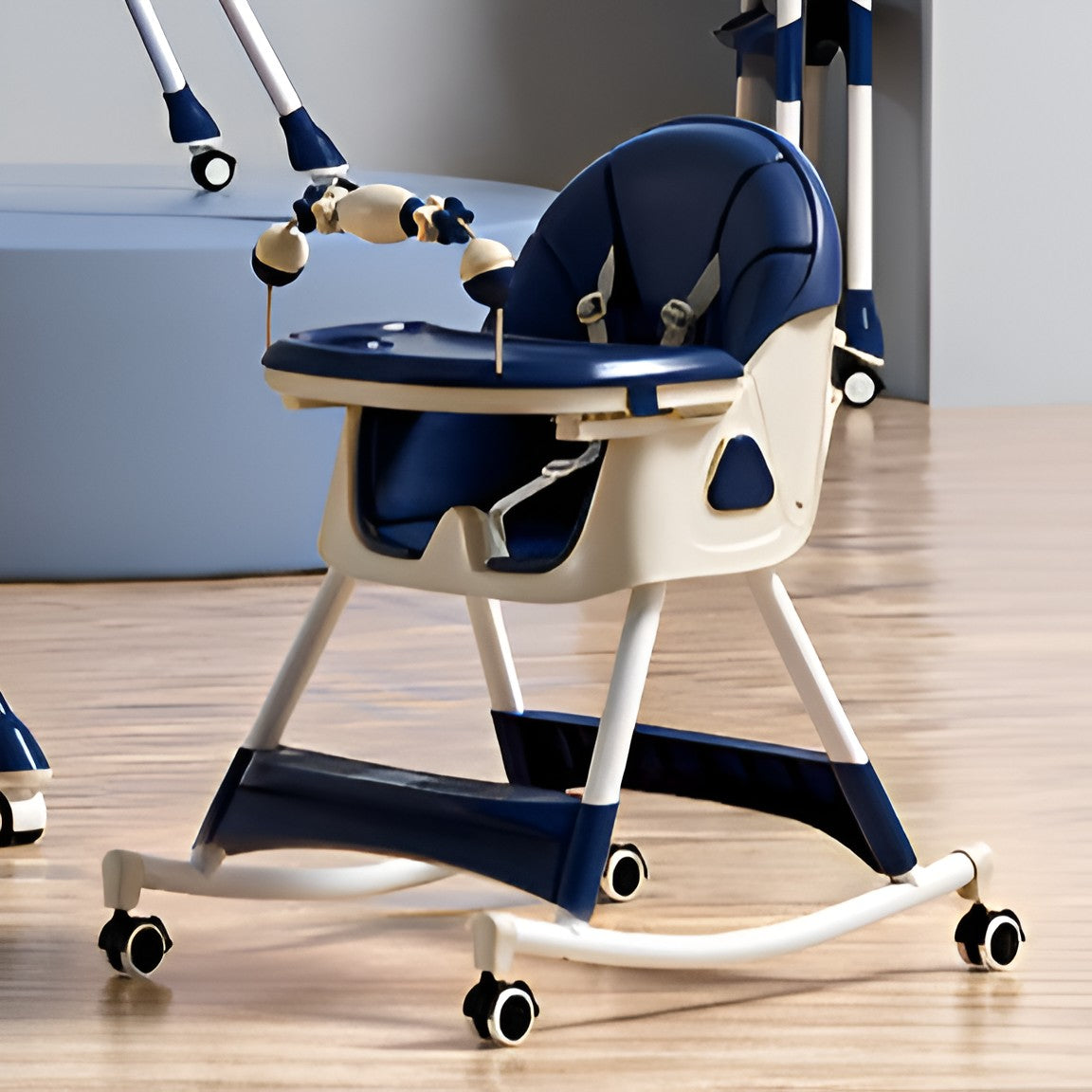 Scaun de Masa pentru Bebelusi si Copii, Vivimall, 2 Tavite cu Jucarii si Husa Detasabile, Multifuncțional, Stabil, Centura de Siguranta, Spatar Reglabil Moale, Balansoar, Cos de Depozitare, de la 6 Luni, 97x73x65cm, Albastru - vivimall.ro