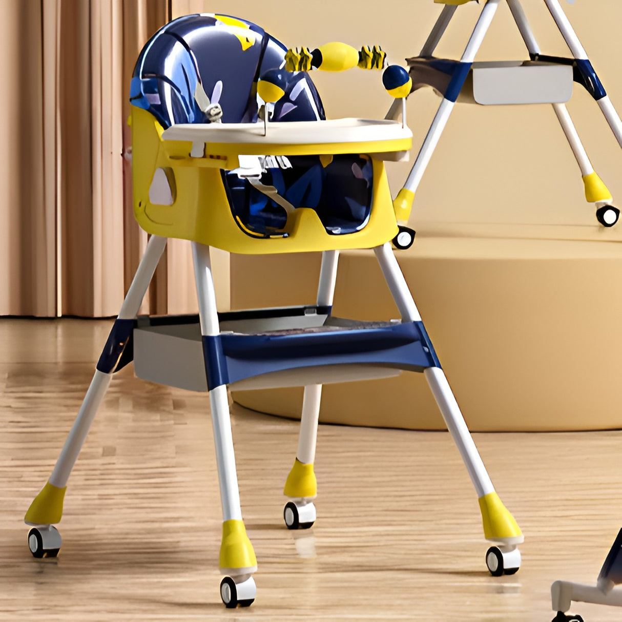 Scaun de Masa pentru Bebelusi si Copii, Vivimall, 2 Tavite cu Jucarii si Husa Detasabile, Multifuncțional, Stabil, Centura de Siguranta, Spatar Reglabil Moale, Balansoar, Cos de Depozitare, de la 6 Luni, 97x73x65cm, Galben - vivimall.ro