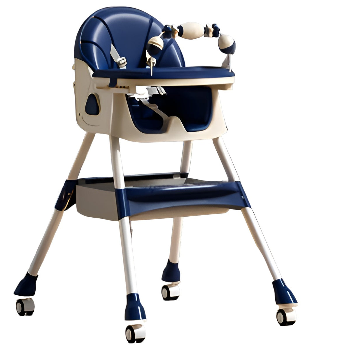 Scaun de Masa pentru Bebelusi si Copii, Vivimall, 2 Tavite cu Jucarii si Husa Detasabile, Multifuncțional, Stabil, Centura de Siguranta, Spatar Reglabil Moale, Balansoar, Cos de Depozitare, de la 6 Luni, 97x73x65cm, Albastru - vivimall.ro