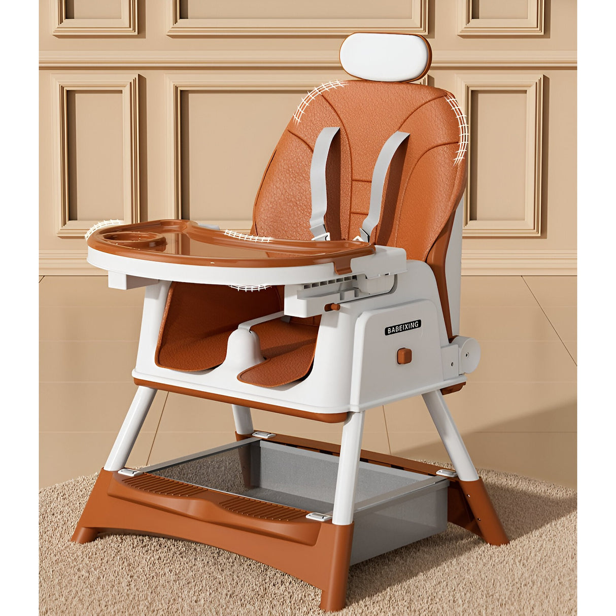 Scaun de Masa pentru Bebelusi si Copii Vivimall, cu Roti, cu Tetiera, Telescopic, Pliabil, Masuta Reglabila, Suport Picioare, Scaun cu Invelis Piele Artificiala, Centura Siguranta, Spatiu Depozitare, 97 x 73 x 65 cm, Maro - vivimall.ro