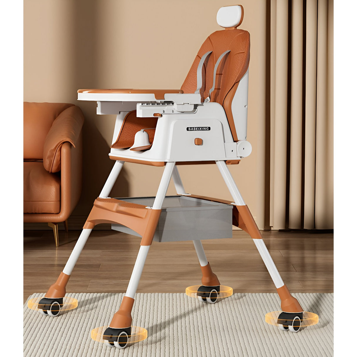 Scaun de Masa pentru Bebelusi si Copii Vivimall, cu Roti, cu Tetiera, Telescopic, Pliabil, Masuta Reglabila, Suport Picioare, Scaun cu Invelis Piele Artificiala, Centura Siguranta, Spatiu Depozitare, 97 x 73 x 65 cm, Maro - vivimall.ro